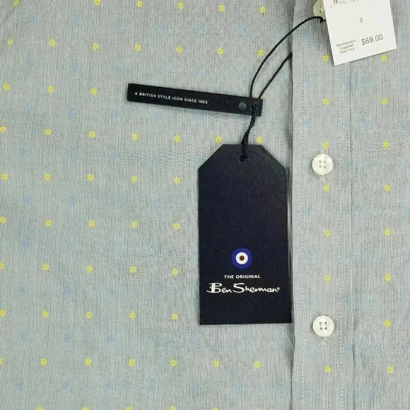 Ben Sherman Small Mod Classic Fit Pocket Logo Tag Blue Yellow Stripe Pattern - Picture 5 of 10